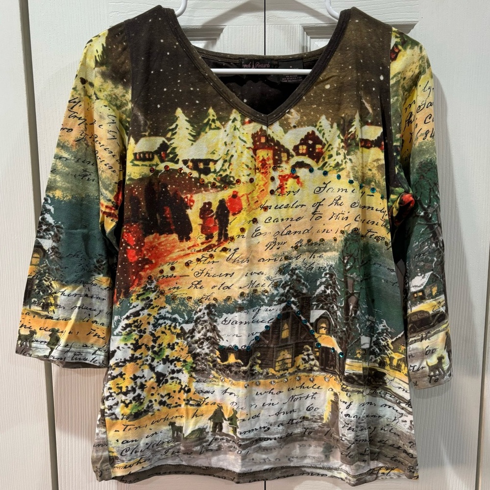 FRENCH POSTCARDS Women’s Handcrafted Winter Scene 3/4 Sleeve Tee Shirt - size S